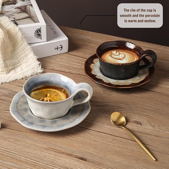 Japanese Raku Porcelain Ceramic Coffee Mug Set 5.4 fl oz with Saucer & Spoon - Handmade Modern Tea Cups for Espresso, Latte, Cappuccino - 2 Color (White&Blue, Brown&Yellow) (brown + yellow)