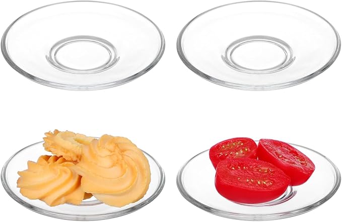 SHOWERORO 4Pcs Clear Glass Tea Saucers 3.54 Inch Round Plates for Coffee Cups Espresso Saucers Small Dessert Snack Serving