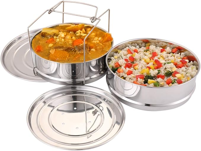 Aozita Stackable Steamer Insert Pans with Sling for Instant Pot Accessories 6/8 qt - Pot in Pot, Baking, Casseroles, Lasagna Pans, Food Steamer for Pressure Cooker, Upgrade Interchangeable Lids