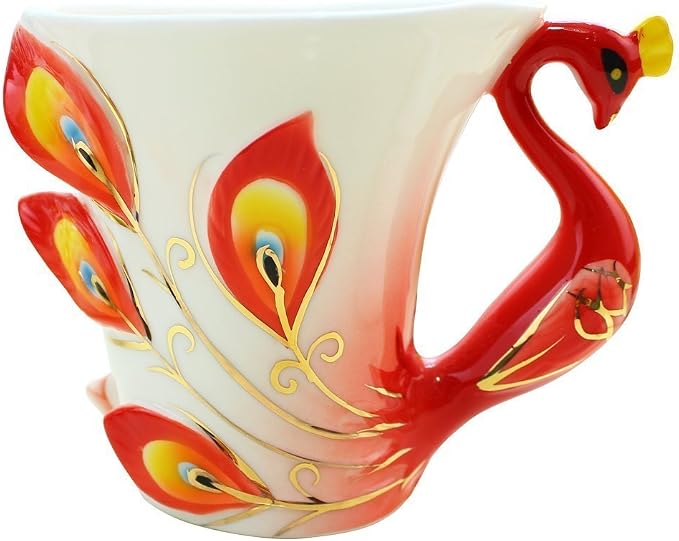 vanki 1 pc Collectable Fine Arts China Porcelain Tea Cup and Saucer Coffee Cup Peacock Theme Romantic Creative Present,Red