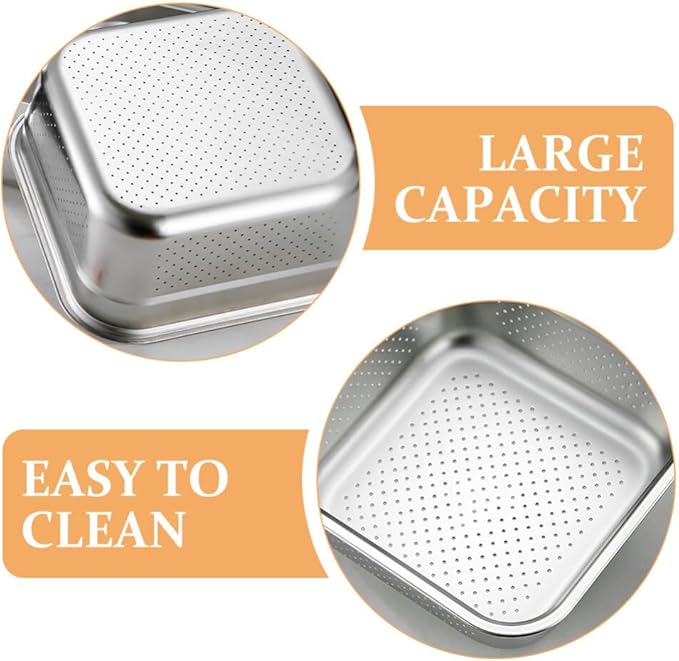 Kichvoe Stainless Steel Square Colander 8.27 Inch Vegetable Washing Basin Large Capacity Kitchen Strainer for Fruit and Vegetable Drainage