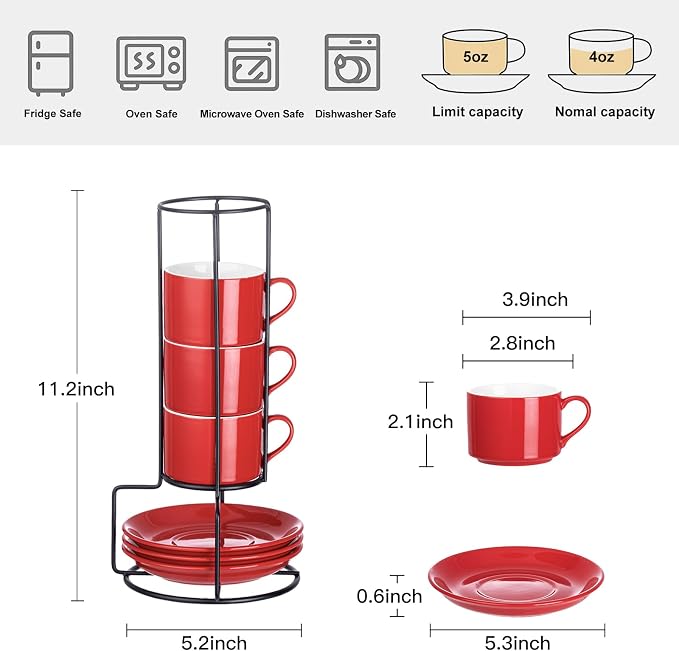 Espresso Cups Set of 4, 4oz Stackable Coffee Cups with Saucers and Metal Stand, Red Demitasse Cups, Expresso Shots Cup Set