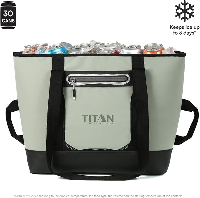 Titan by Arctic Zone Soft Sided Cooler Tote, Insulated Bag with Handle, Shoulder Strap, and Zipper for Lunch, Picnic, and Travel, 30 Can Capacity
