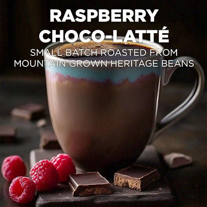 Maud's Raspberry Chocolate Flavored Coffee Pods, 18 ct, Medium Roast Flavored Coffee in Single Serve Pods – 100% Arabica Beans, Compatible with Keurig K Cups Maker