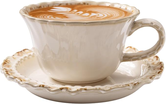 Vintage Porcelain Coffee Cup and Saucer Set, 12 OZ Ceramic Latte Mug - Farmhouse Cappuccino Cups for Espresso and Turkish Coffee, Artisan Tea Cups, Great Barista Gift for Home Cafe