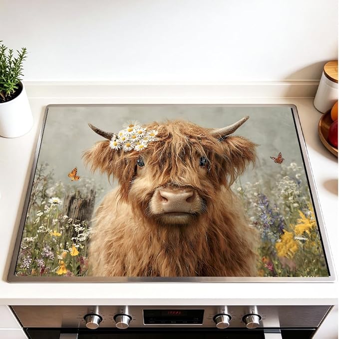 Stove Top Cover for Electric Stove 28.35 x 20.47 Inch Non Slip Stove Mat Highland Cow Daisy Glass Cooktop Protector Kitchen Counter Mat