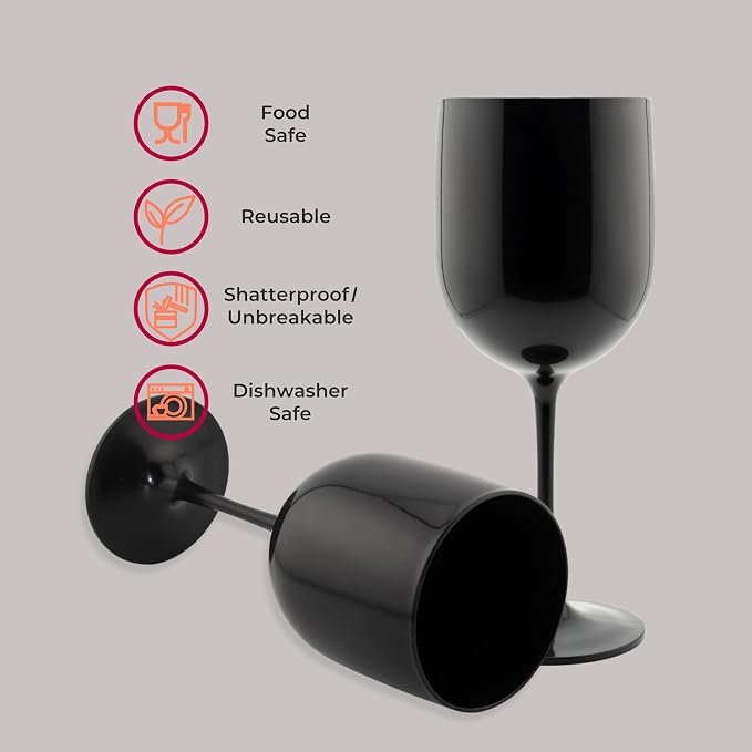 FOX & GRAPES Plastic Stemmed Wine Glasses | Unbreakable/Shatterproof, Reusable, Food Safe, Dishwasher Safe, For Birthday and Party, 16oz (Black, Set of 6)