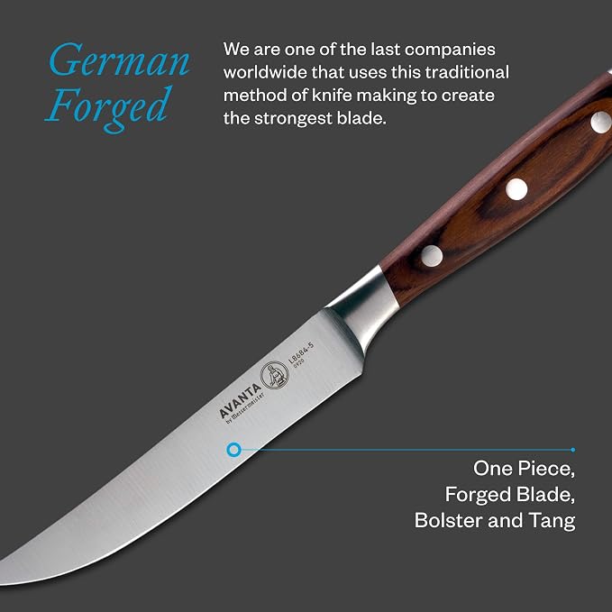 Messermeister Avanta Forged 5” Fine Edge Steak Knife Set - Pack of 2 - German X50 Stainless Steel - Rust Resistant & Easy to Maintain - 8 Steak Knives Total