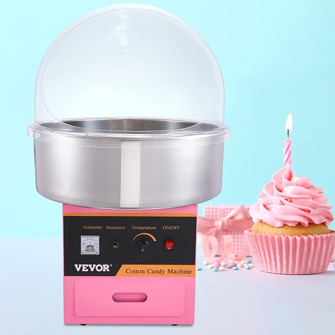 VEVOR Electric Cotton Candy Machine with Cover, 1000W Commercial Floss Maker w/Stainless Steel Bowl, Sugar Scoop and Drawer, Perfect for Home, Carnival, Kids Birthday, Family Party, Pink