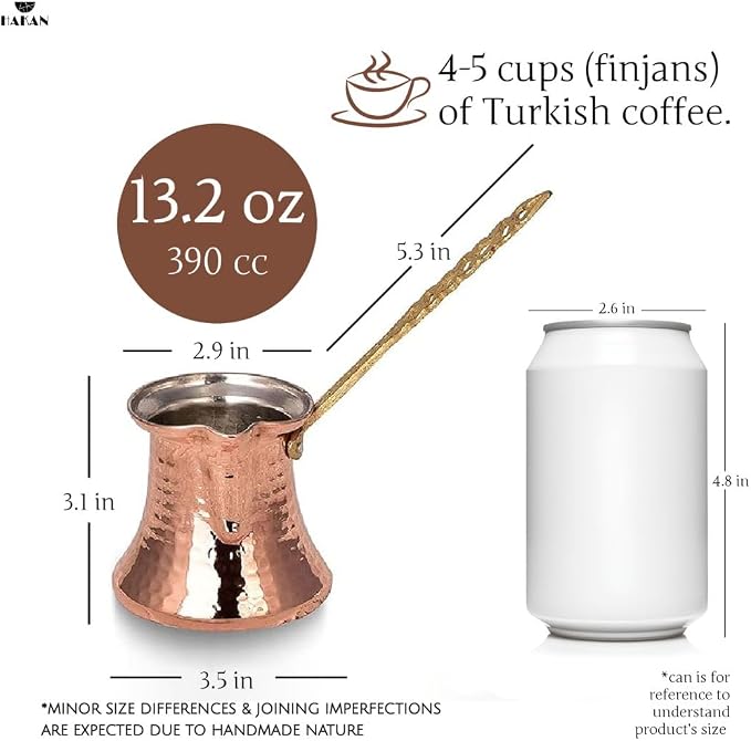 Hakan Turkish Coffee Pot | Stove Top Water Boiler, Coffee Maker, Butter, Chocolate & Milk Warmer | Even and Quick Heat with Handcrafted Copper Material | Coffee Gifts Idea, 13.2 Oz (390 cc)