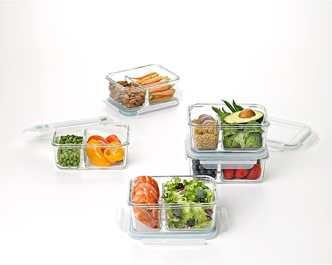 Glasslock Duo 5 Piece Clear Tempered Glass Microwave, Dishwasher, Freezer Safe Divided Food Storage Containers with Snap Close BPA Free Plastic Lids