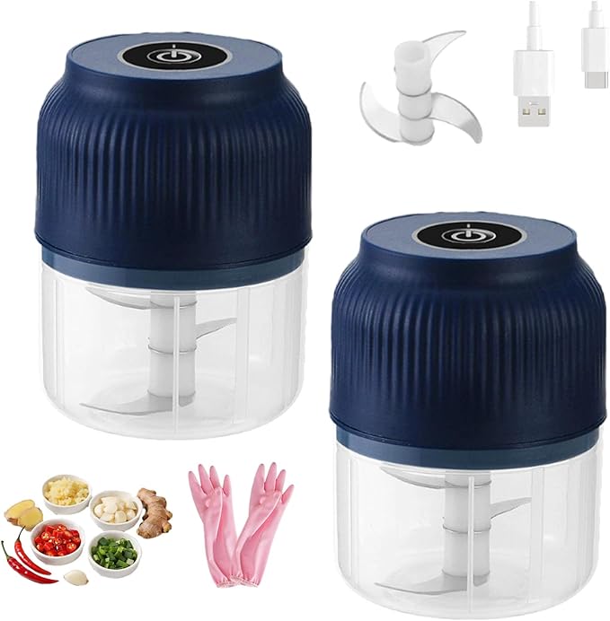 Household Electric Garlic Crusher, Electric Garlic Chopper, Usb Rechargeable Chopper With Stainless Steel Blades, One-Touch Mini Kitchen Helper, Easy To Clean, For Vegetables (Blue*2, 3 blades)