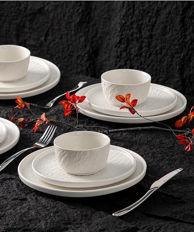 4-piece set, ceramic, embossed stone design plate and bowl set, microwave and dishwasher compatible tableware set, shatterproof and scratch resistant dinner set, irregular edge design, white