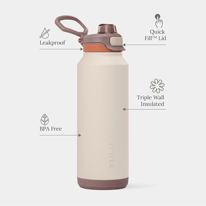 ZULU Powerfill Pro 40oz Stainless Steel Water Bottle with Quick Fill Lid, Triple Walled Vacuum Insulated Metal, Leak Proof Locking Lid, Sip and Chug, Reusable BPA Free, Driftwood