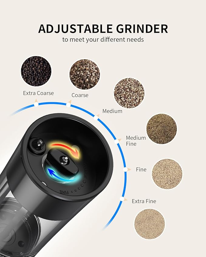 CIRCLE JOY Rechargeable Gravity Electric Salt and Pepper Grinder Set Automatic Stainless Steels Salt and Pepper Mills with LED Light, No Battery Needed, Adjustable Coarseness,for Home Kitchen BBQ