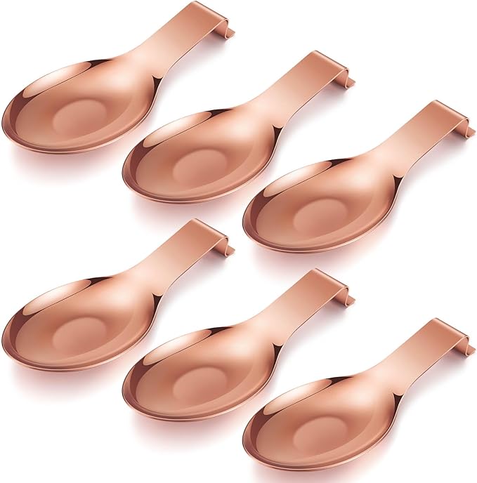 Nuanchu 6 Pcs Stainless Steel Spoon Rest Spatula Ladle Holder Spoon for Stove Top Heavy Duty Spatula Holder for Countertop Dishwasher Safe Utensil Rest for Kitchen, 3.8 x 9.6" (Rose Gold)