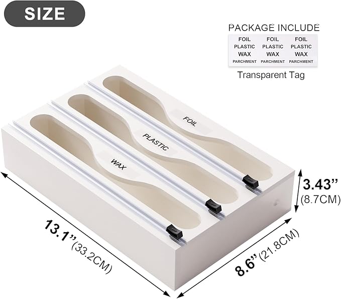 Wrap Dispenser with Cutter and Labels, Plastic Wrap Organizer For Kitchen,Bamboo 3-in-1 Wrap Dispensers for Cling Wrap Aluminum Foil and Wax,Storage Organization Holder（White）