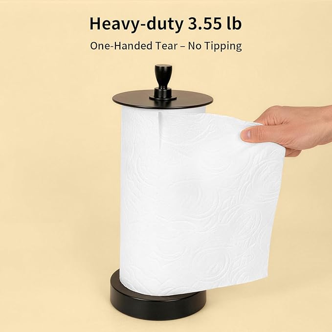YUMORE Paper Towel Holder Countertop, Weighted Base Non Slip, One-Handed Tear No Tipping, Standing Paper Towel Roll Holder for Kitchen Stove Side, Small Space Corner, Stainless Steel (Matte Black)