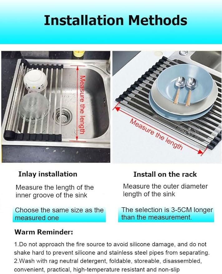 Over The Sink Roll Up Dish Drying Rack for Kitchen Counter, Folding Rolling Dish Over Sink Mat, Foldable Drainer Stainless Steel Rack Kitchen Organization(Gray,47x30cm/18.5x11.8in)