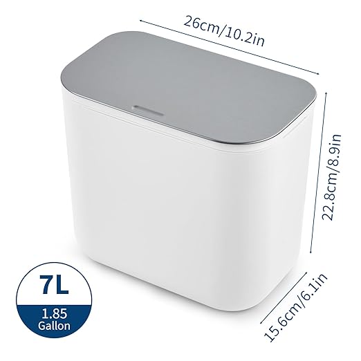 Hanging Kitchen Trash Can with Lid - 1.8 Gallon Small Compost Bin for Cabinet Door, Under Sink - Odor-Sealing Stainless Steel Top Food Waste Bin for RV, Bathroom, Office - Indoor Recycling Bin