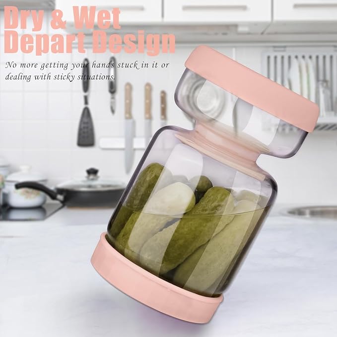 Homnoble Pickle and Olive Hourglass Jar with Strainer Flip for Juice Separator from Wet and Dry, Upgrade Food-grade ABS Lid and BPA Free Hourglass Pickle Jar for Airtight Food Storage, Pink