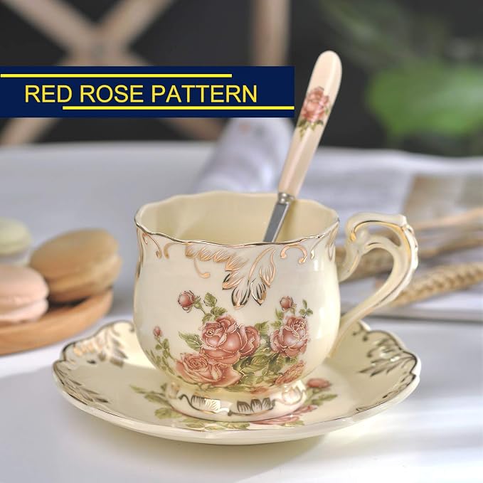 YOLIFE Tea Cup and Saucer Set, 8 oz Tea Cup Set, Teacup, Ceramic Tea Cup with Saucer Spoon, Ivory Vintage Pink Rose Floral with Gold Leaves Trim, Gifts for Women