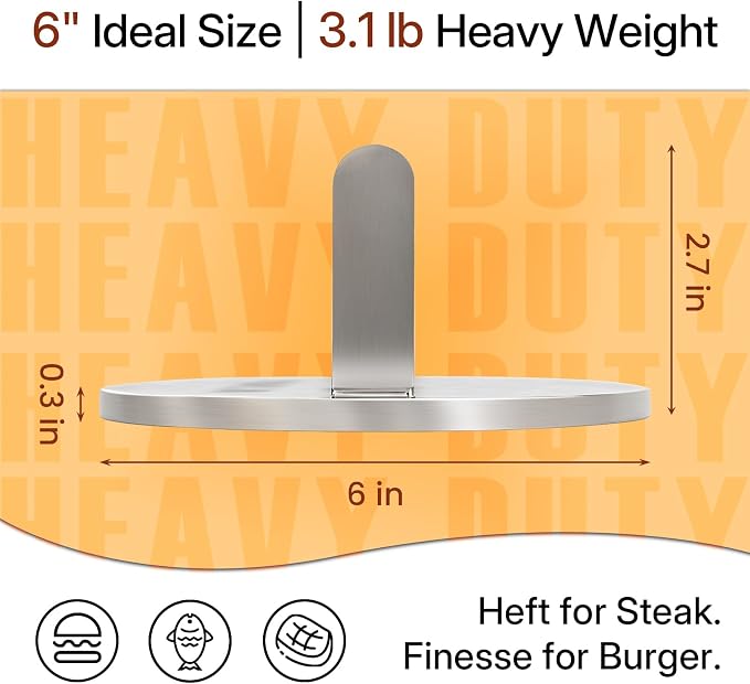 3.1lb Smash Burger Press 6" Stainless Steel Burger Smasher Tool | 1 Year Warranty | Heavy Weight | Dishwasher Safe | Stainless Steel | Solid & Buil To Last | Versatile Kitchen Cooking Press