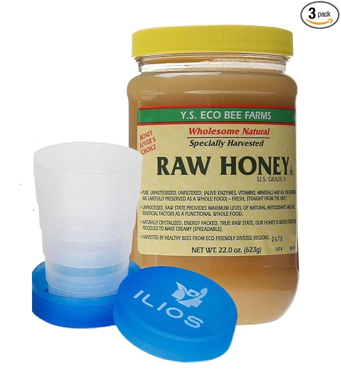 Y.S. Eco Bee Farms Raw Honey Organic Unfiltered, 22 oz Pure Honey Pack pack of 3 in Jar, Natural Unprocessed Sweetener, U.S. Grade A – ILIOS Packaging