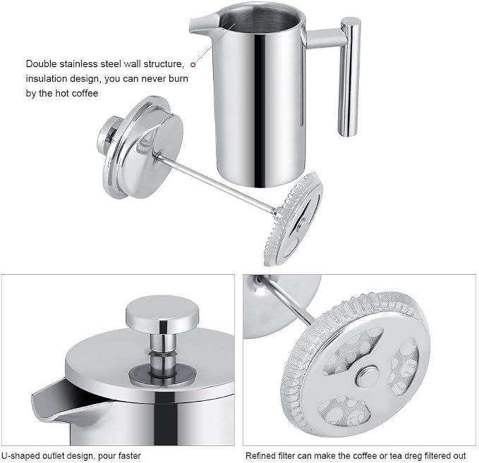 TOPINCN French Press Coffee Maker, Stainless Steel, Double Wall Insulation, Mirror Finish, 350ml, with Filter, for Coffee and Tea