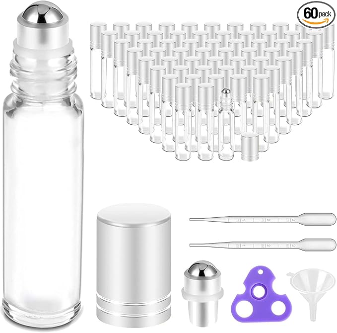 PrettyCare Set of 60, 10 ml Essential Oil Roller Bottles with Stainless Steel Roller Ball - Bulk Refillable Leak-proof Empty Clear Glass Roll on Bottles with Silver Metal Caps for Travel, Perfume