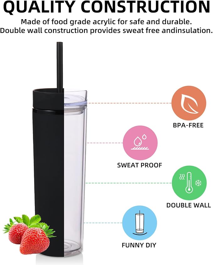 Volhoply 16oz Plastic Skinny Tumbler with Lid and Straw Bulk 4 Pack,Insulated Double Wall BPA Free Matte Acrylic Tumblers,Iced Coffee Travel Mug Reusable Party Cup,Customizable Diy Gifts(Black,4 Set)