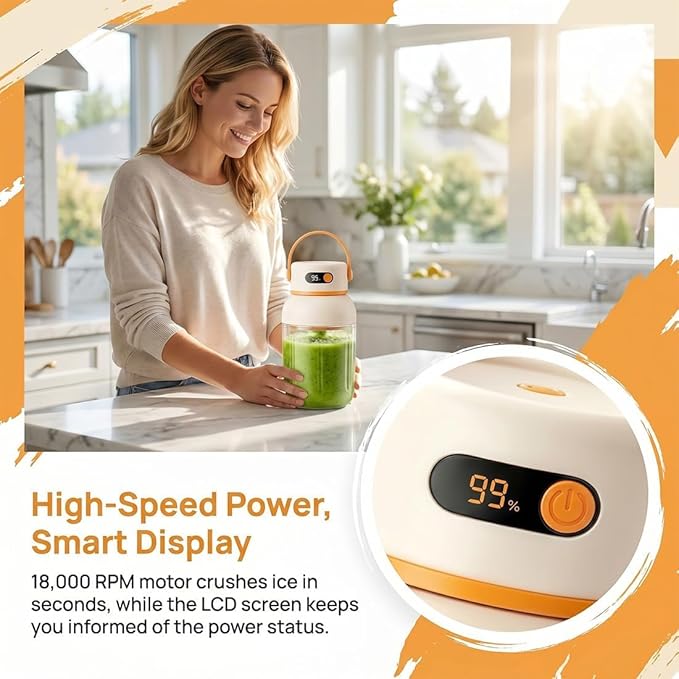 Portable Electric Juicer Cup with Zero Cord Hassle, 33 Oz Cordless Personal Juicer Cup, Digital Display Portable Juicers Blender with Stainless Steel Blades, USB-C (orange-1200ml)