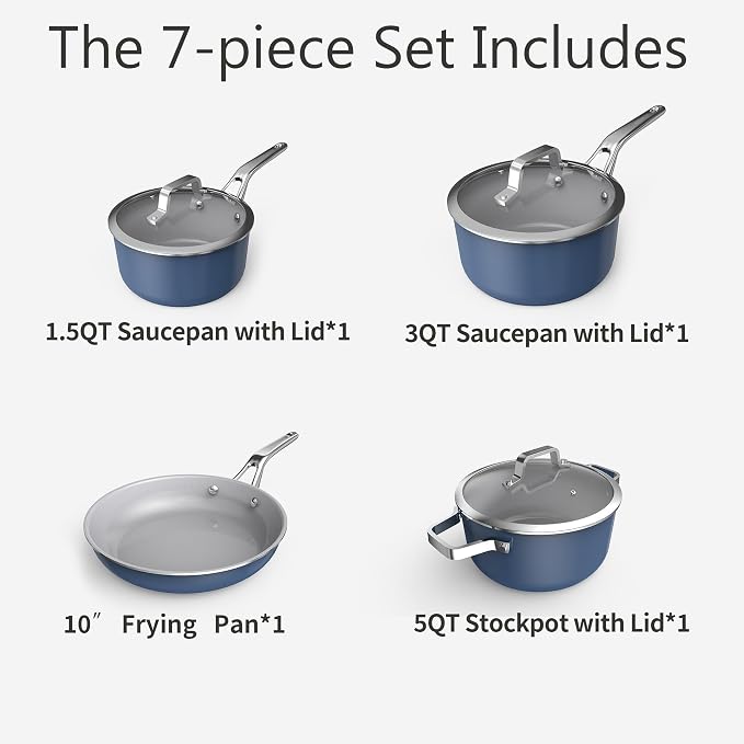 7-Piece Blue Ceramic Nonstick Cookware Set, Pots & Pans | 4 pots, 3 clear lids; stay-cool grips; 100% PFAS-free; 480°F oven & dishwasher safe; heavy daily family cooking routines