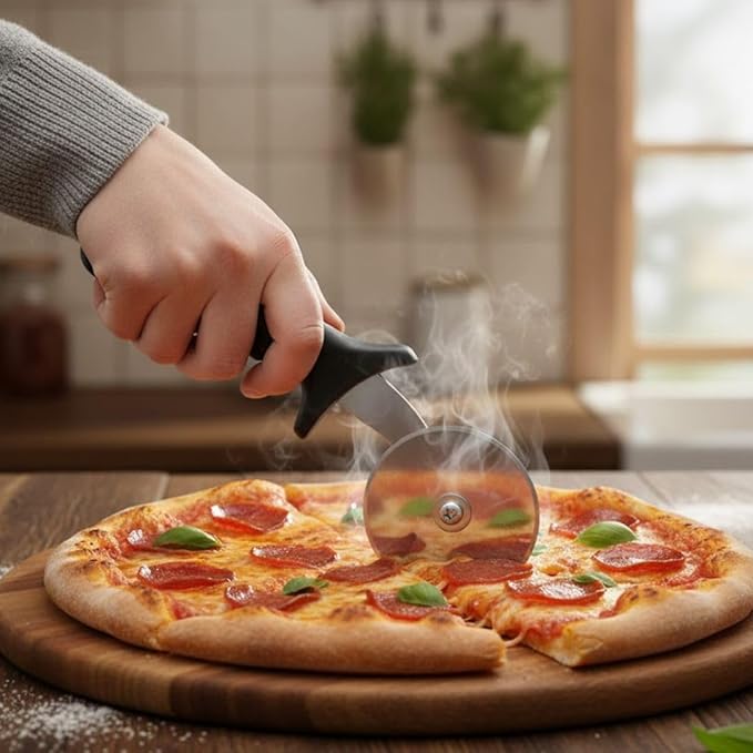 Soro Essentials- 2.5" Stainless Steel Pizza Cutter Wheel with Plastic Handle Black Color- Pizza Wheel Slicer Built in Finger Guard for Safety Pizza Wheel Sharp Blade for Cutting Through Crusts Pies