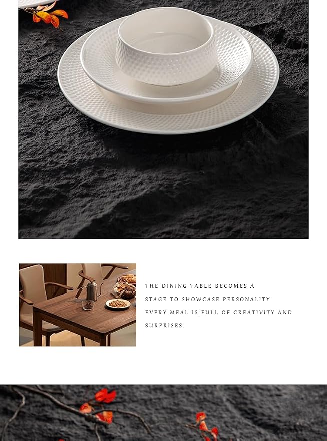 4-piece set, ceramic, embossed B design plate and bowl set, microwave and dishwasher tableware set, shatterproof and scratch resistant dinner set, irregular edge design, white