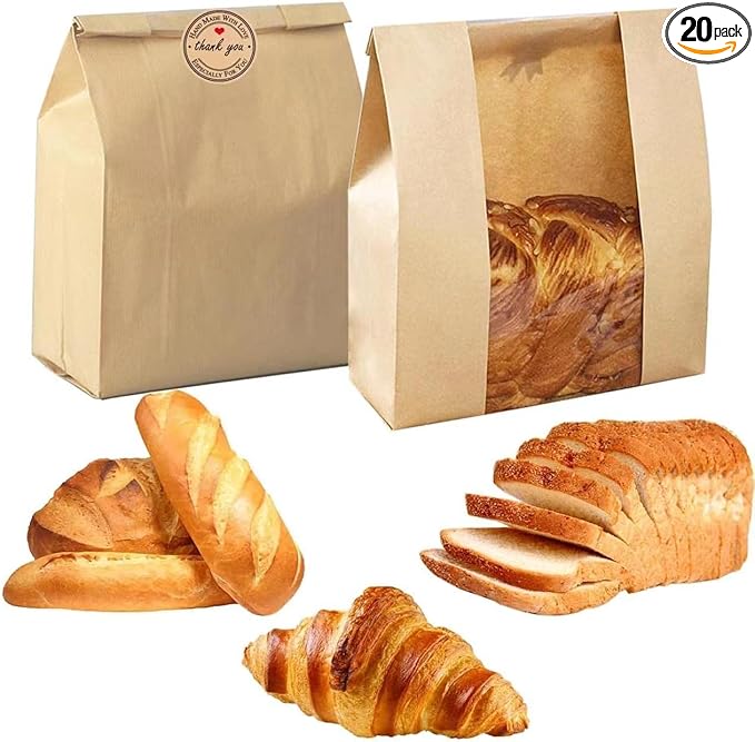 Large Paper Bread Bags for Homemade Sourdough-Bread Packaging Bag for Gifting, Label Seal Sticker Included Pack of 20(11.8x8.2x3.5 inch)