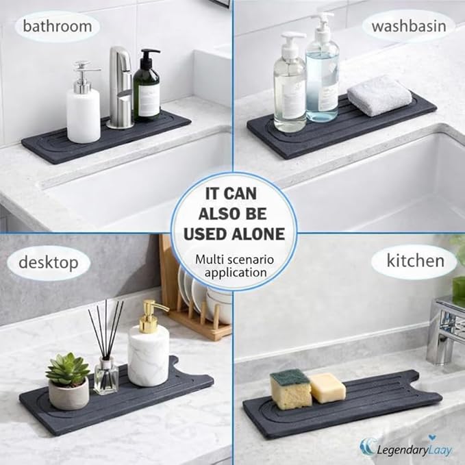 Diatomite Faucet Mat for Kitchen Sink, Fast Dry Stone Sink Splash Guard, Water Absorbing Faucet Tray (20” x 4”) – Fits Standard Faucets, Please Measure Sink & Faucet Before Purchase