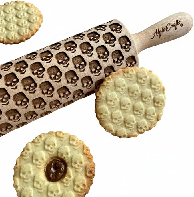 SKULL Rolling Pin. Embossing rolling pin with SKULL PATTERN Embossed skull cookies for HALLOWEEN. Wooden Laser Cut Rolling Pin for Halloween cookies, play dough, salt dough by Algis Crafts
