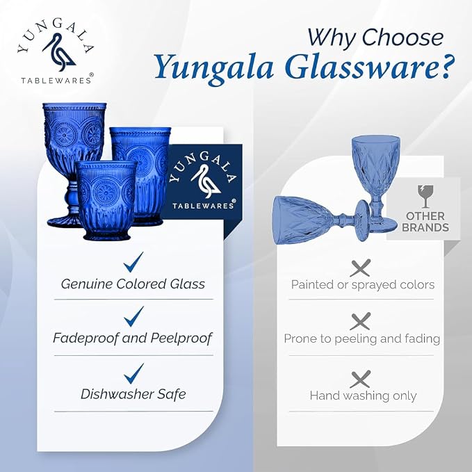 Cobalt Wine Glasses Set of 6 Goblets - Handcrafted Vintage Glassware with Sunflower Motif, Dishwasher Safe Cobalt Blue Glassware