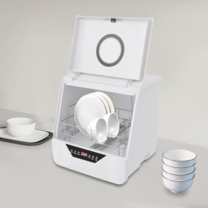 Countertop Dishwasher with 4 Wash Modes, 800W Portable Mini Dishwasher with LED Display and Dishwashing Rack, Counter Dishwasher for Houses, Flats, Boats, Home Kitchens