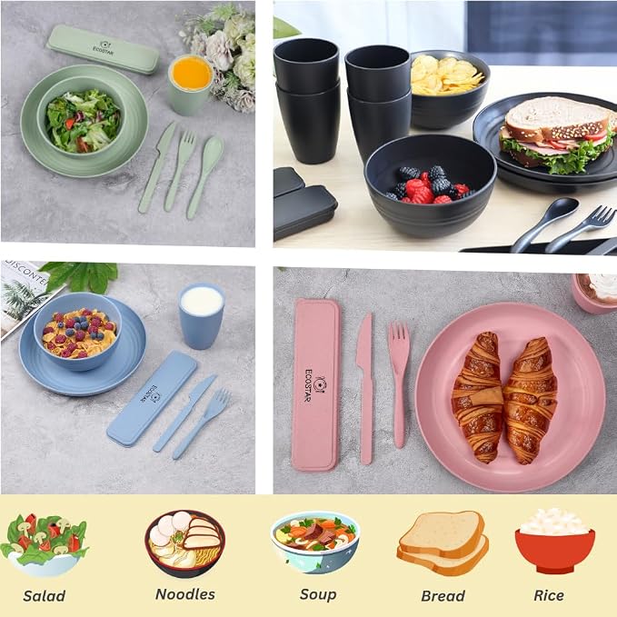 ECOSTAR Wheat Straw Dinnerware Sets Unbreakable Plates Bowls and Cups Reusable Utensils Dishwasher Microwave Safe Bowls and Plates Sets (Black)