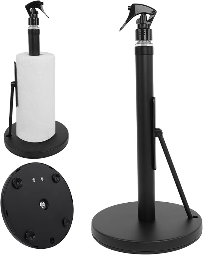 Paper Towel Holder with Spray Bottle,Heavy-Duty Countertop Kitchen Paper Towel Holder,Stainless Steel One-Handed Tear Kitchen Towel Dispenser for Countertop,Black