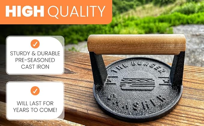 The Burger Smasher™ Pre-Seasoned Heavy Duty Cast Iron Smash Burger Press Kit - Heat Resistant Burger Smasher for Griddle, Food, Chef, Meat & Cooking Press, Hamburger Smasher - 30 Patty Paper