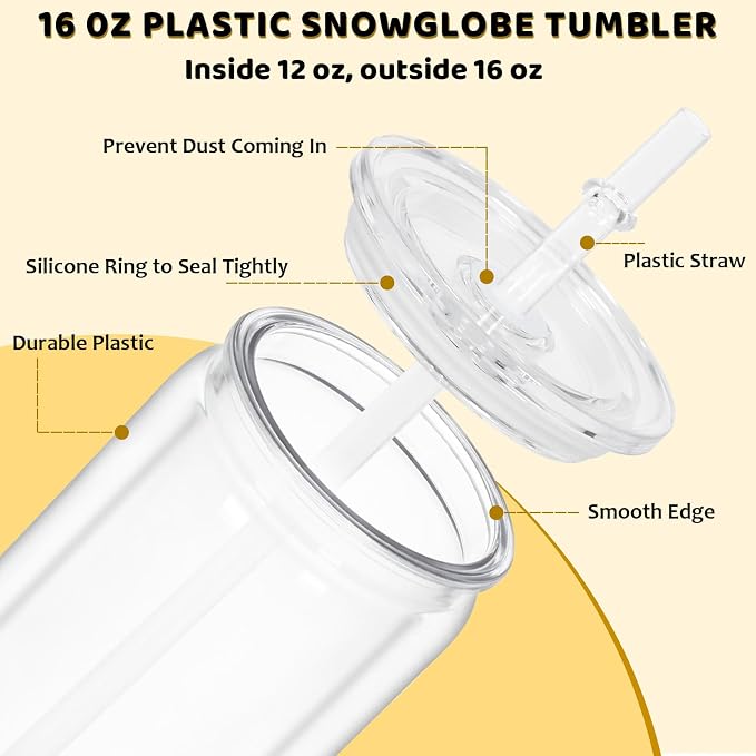 16 Oz Acrylic Snowglobe Tumbler, 25 Pack Pre-Drilled Double Wall Plastic Clear Cup for Glitter Snow Globe Diy, Double Wall Plastic Snowglobe Cup with Clear Lid