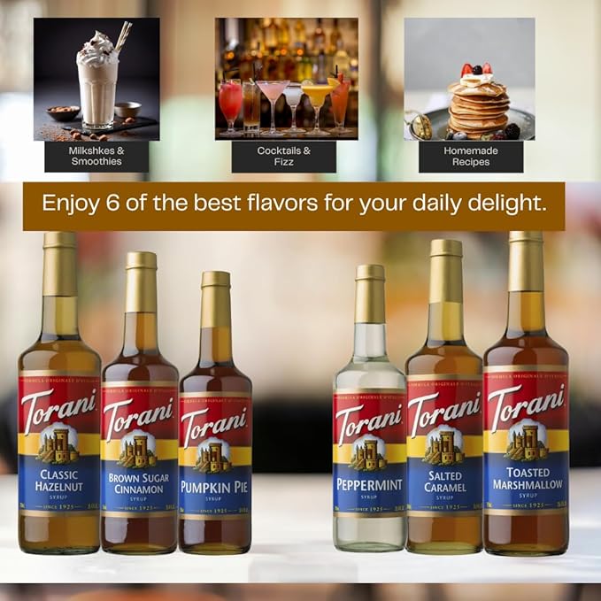 Jimoco Syrup Pump & Torani Syrup Bundle - Brown Sugar Cinnamon, Hazelnut Classic, Pumpkin Pie, Peppermint, Salted Caramel, & Toasted Marshmalow - For Italian Soda Coffee, Lattes, Frappes With 6 Pump Dispensers