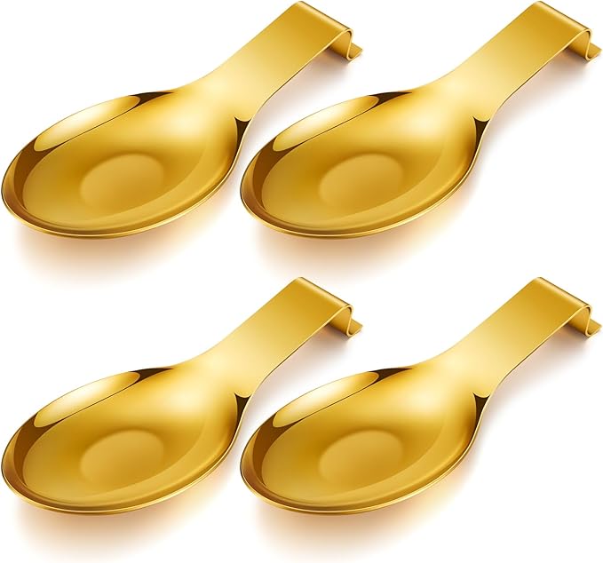 Nuanchu 4 Pcs Stainless Steel Spoon Rest Spatula Ladle Holder Spoon for Stove Top Heavy Duty Spatula Holder for Countertop Dishwasher Safe Utensil Rest for Kitchen, 3.8 x 9.6" (Gold)
