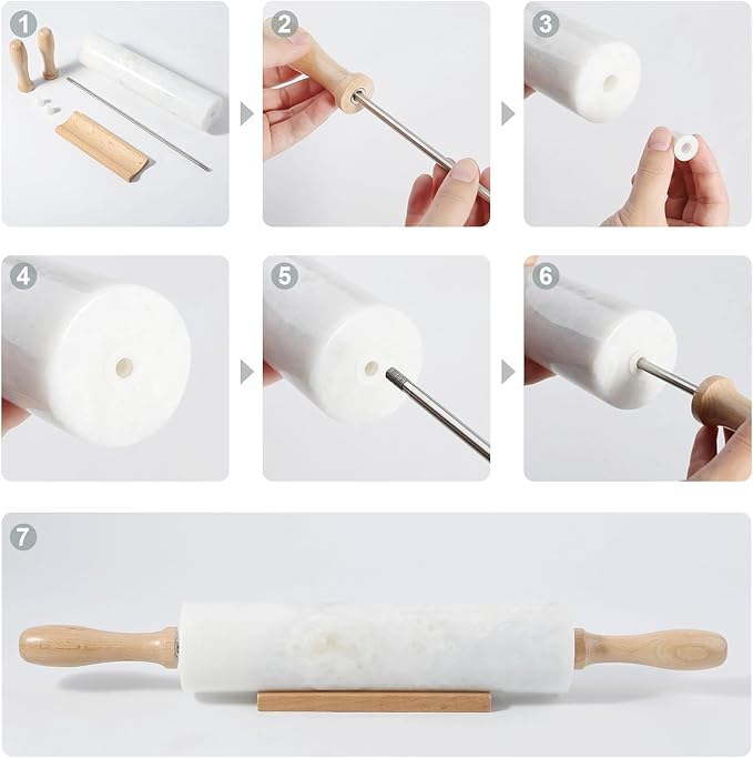 Koville White Marble Rolling Pin With Wooden Handles & Wood Cradle, 18 Inch Polished Marble Rolling Pins For Making Pizza Dough, Dough Roller For Pie Crust, Cookie, Pasta, Ergonomic Handles