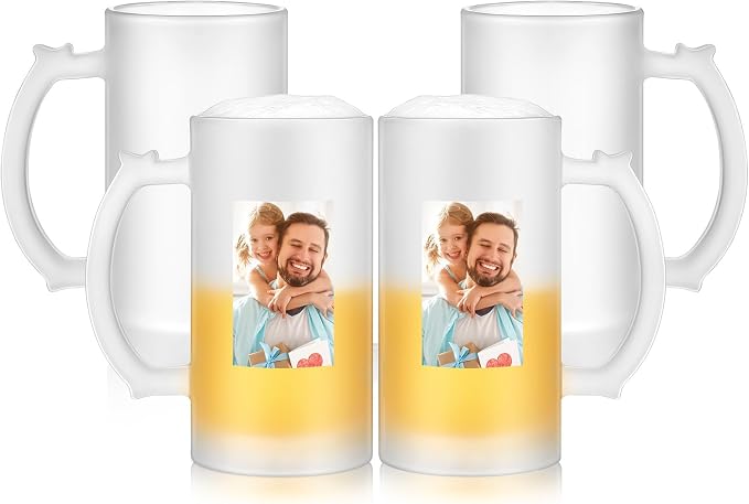Mifoci 4 Pcs Sublimation Blank Beer Mugs Personalized Tazas Para Father's Day Present 16 oz Frosted Beer Glass Cups Can Add Photo Text or Image Gift for Dad Husband Groomsmen Wedding Oktoberfest