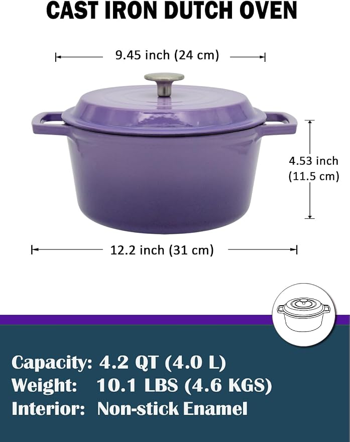 4.2 Quart Cast Iron Dutch Oven with Lid - Enameled Non-Stick Interior, Oven Safe to 500°F, Multi-Stovetop Compatible – Violet