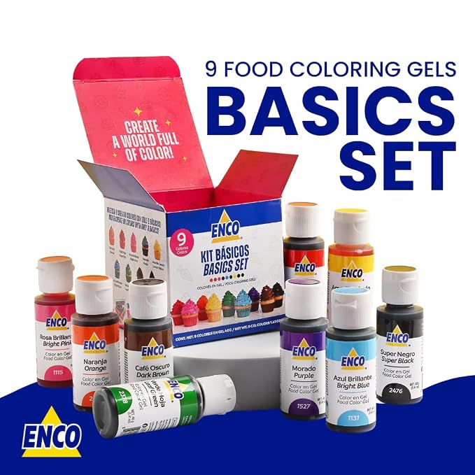 ENCO 9 Basic Food Coloring Gel Set 1.41 oz each (40 g) Concentrated, Vegan, Includes Color Mixing Guide